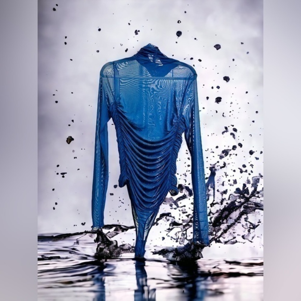 Sheer ruched bodysuit in blue mesh size large